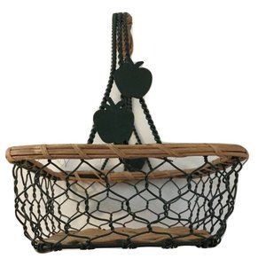 Woven Green Metal Wire & Natural Woven Wicker Basket 8" Urban Country Farmhouse